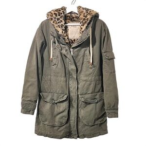 Zara Olive Green Faux Leopard Fur Removable Lining Hooded Winter Parka Coat S